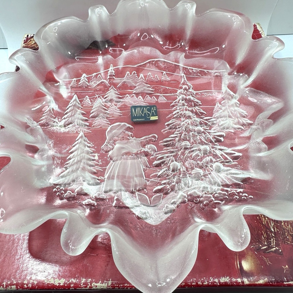 Mikasa Christmas Story Frosted‎ Glass Bon Bon Plate 9.75" Germany w Box 1990s